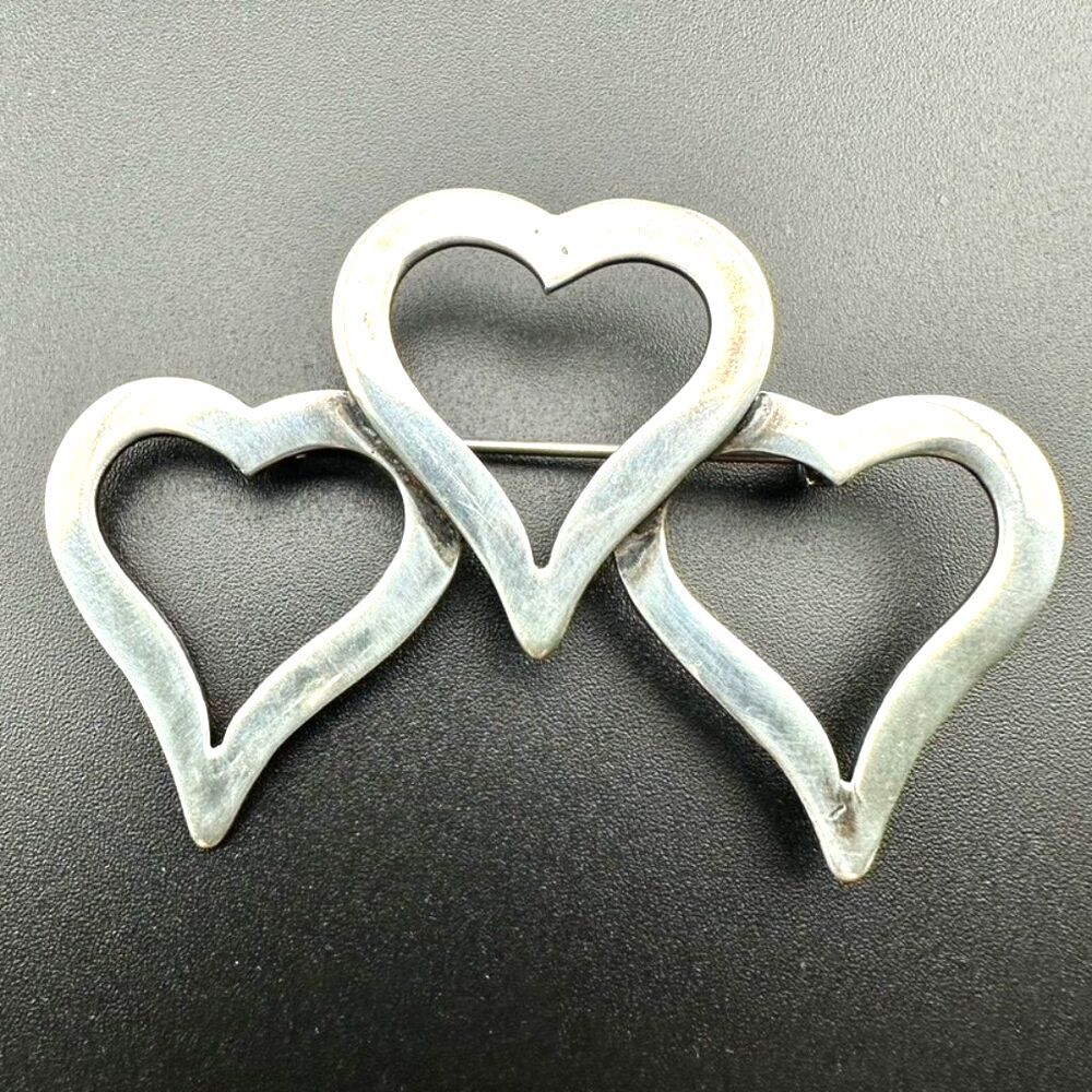 Vintage 925 Sterling Silver Taxco Mexico 3 Heart Brooch